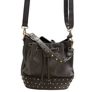 Gray Faux Leather Studded Bucket Bag – Drawstring Shoulder Purse